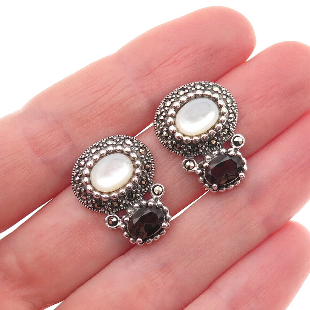 925 Sterling Silver Vintage Real MOP Smoky Quartz & Marcasite Oxidized Earrings